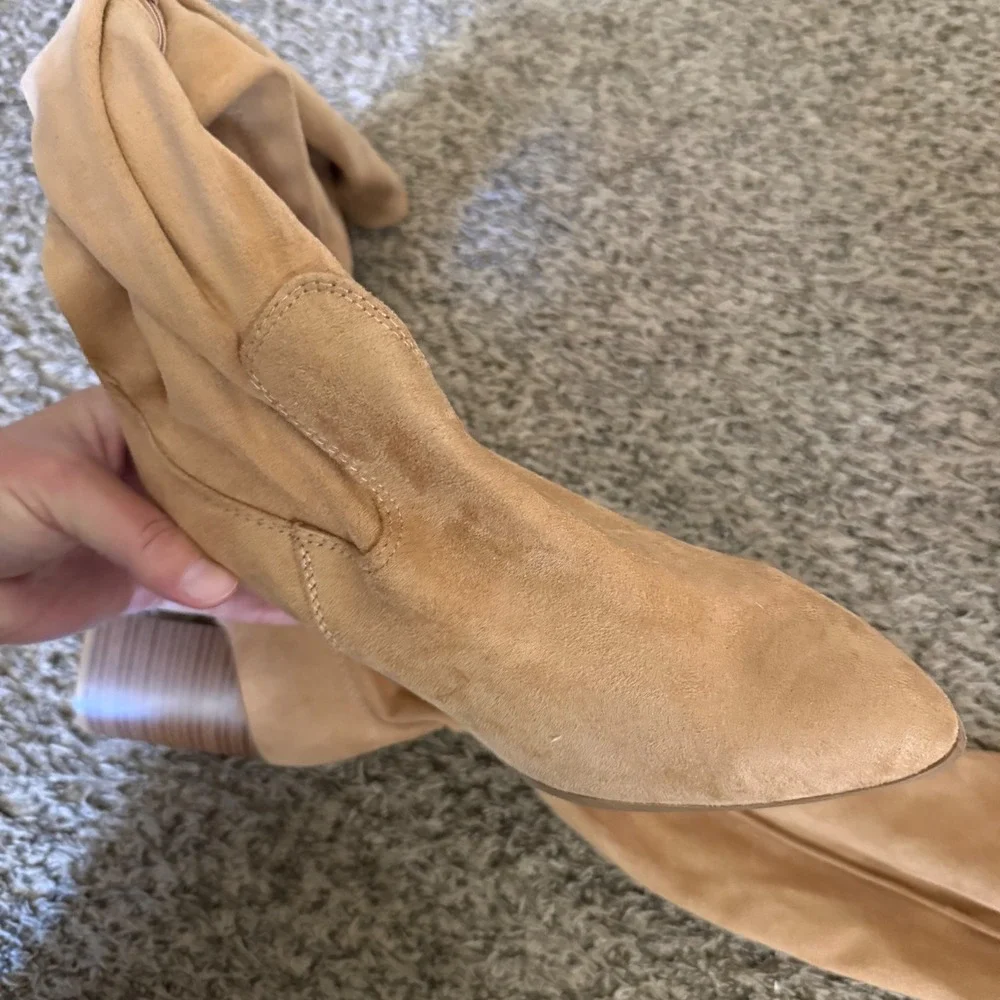 Kohl's Over The Knee Boots Women 6.5 Tan Good Faux Suede Block Heel Tie Back